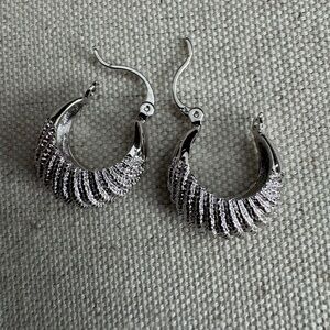 Judith Ripka 925 Silver Hoop Etched Trim Earrings